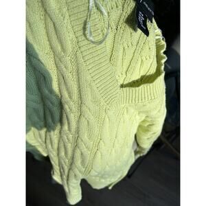 J Jones NY Women's M Lime Green Cotton V Neck Cable Knit Pullover Sweater Preppy